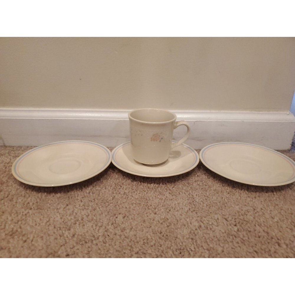 Lot of 3 Corelle 6'' Tea Cup + Tea Cup Saucers Pink/Blue Trim Bands